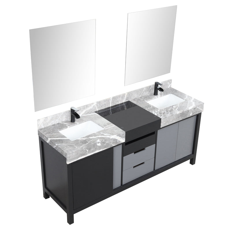 Lexora Zilara 72" Black and Grey Double Vanity, Castle Grey Marble Tops, White Square Sinks, Balzani Gun Metal Faucet Set, and 28" Frameless Mirrors - LZ342272DLISM28FBG