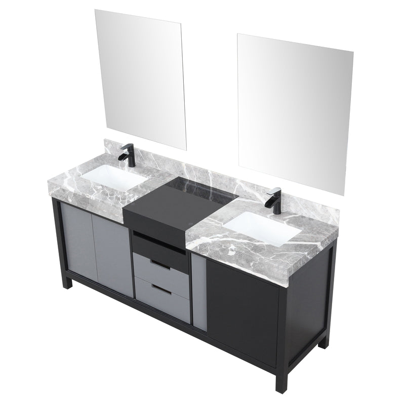 Lexora Zilara 72" Black and Grey Double Vanity, Castle Grey Marble Tops, White Square Sinks, Balzani Gun Metal Faucet Set, and 28" Frameless Mirrors - LZ342272DLISM28FBG