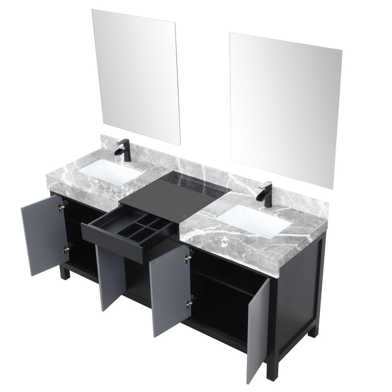 Lexora Zilara 72" Black and Grey Double Vanity, Castle Grey Marble Tops, White Square Sinks, Balzani Gun Metal Faucet Set, and 28" Frameless Mirrors - LZ342272DLISM28FBG