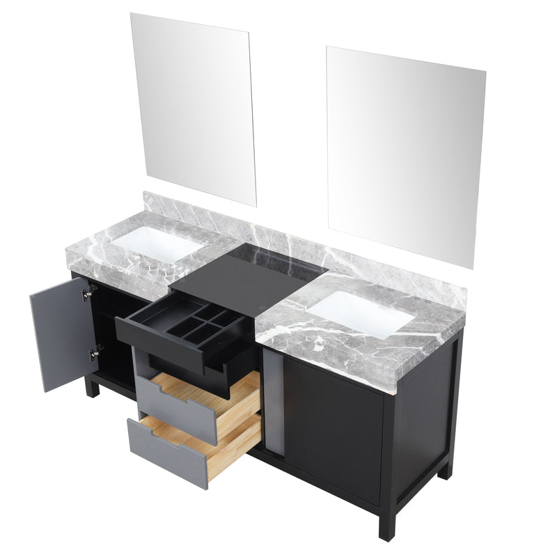 Lexora Zilara 72" Black and Grey Double Vanity, Castle Grey Marble Tops, White Square Sinks, and 28" Frameless Mirrors - LZ342272DLISM28