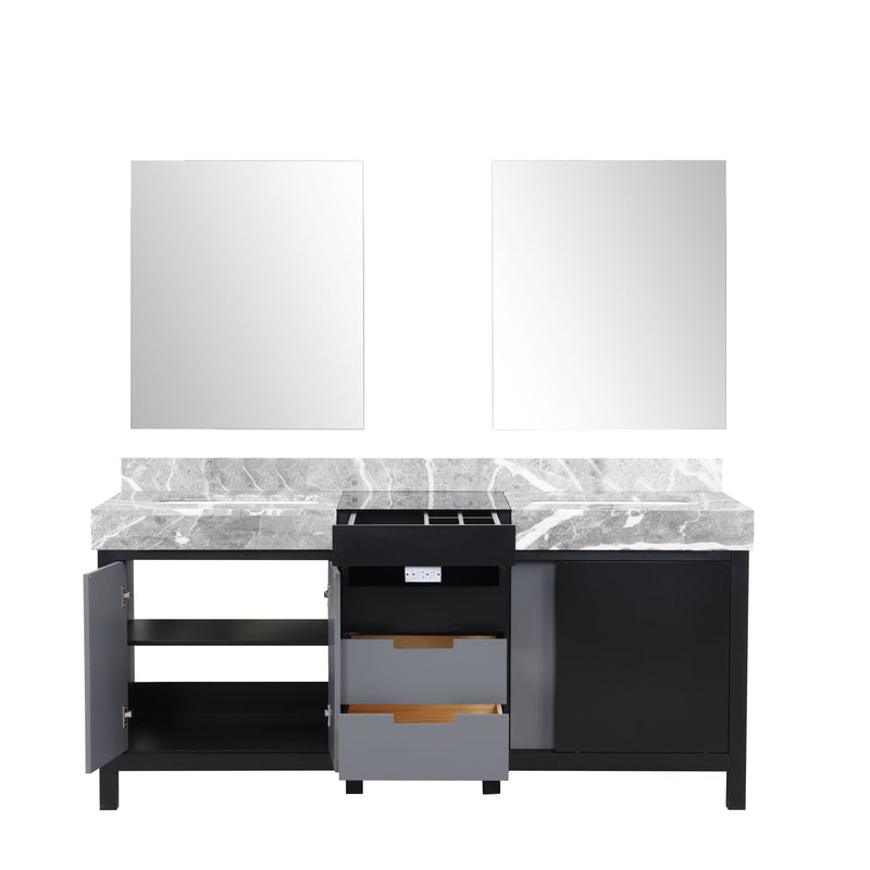 Lexora Zilara 72" Black and Grey Double Vanity, Castle Grey Marble Tops, White Square Sinks, and 28" Frameless Mirrors - LZ342272DLISM28