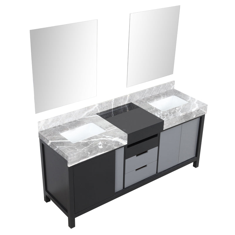 Lexora Zilara 72" Black and Grey Double Vanity, Castle Grey Marble Tops, White Square Sinks, and 28" Frameless Mirrors - LZ342272DLISM28