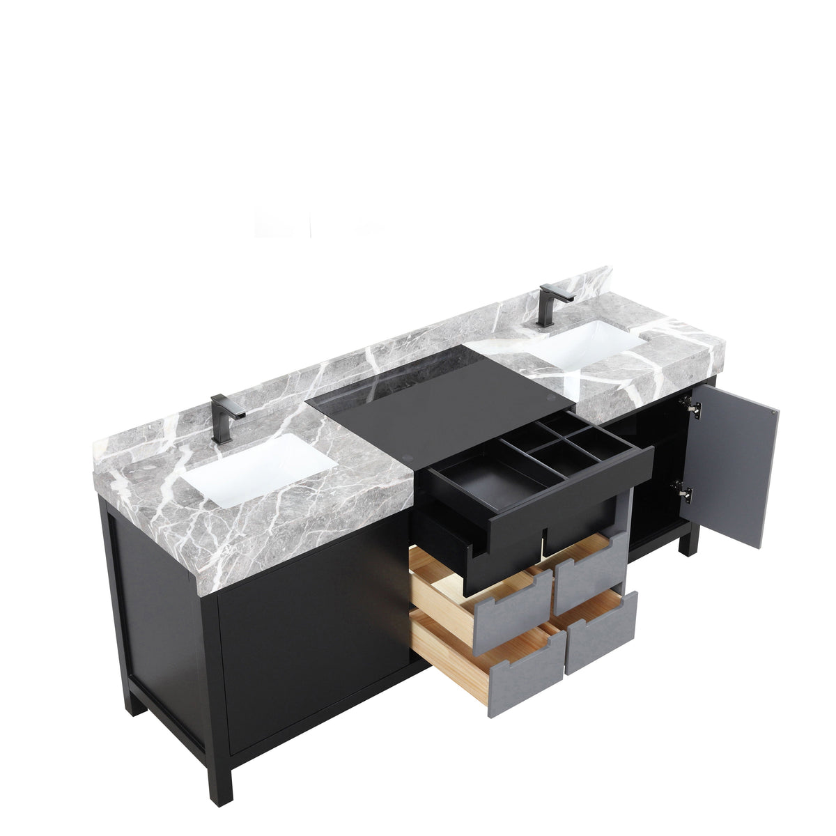 Lexora Zilara 80" Black and Grey Double Vanity, Castle Grey Marble Tops, White Square Sinks, and Balzani Gun Metal Faucet Set - LZ342280DLISFBG - MyBBQDirect
