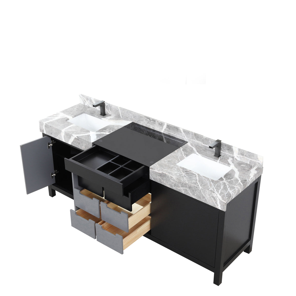 Lexora Zilara 80" Black and Grey Double Vanity, Castle Grey Marble Tops, White Square Sinks, and Balzani Gun Metal Faucet Set - LZ342280DLISFBG - MyBBQDirect