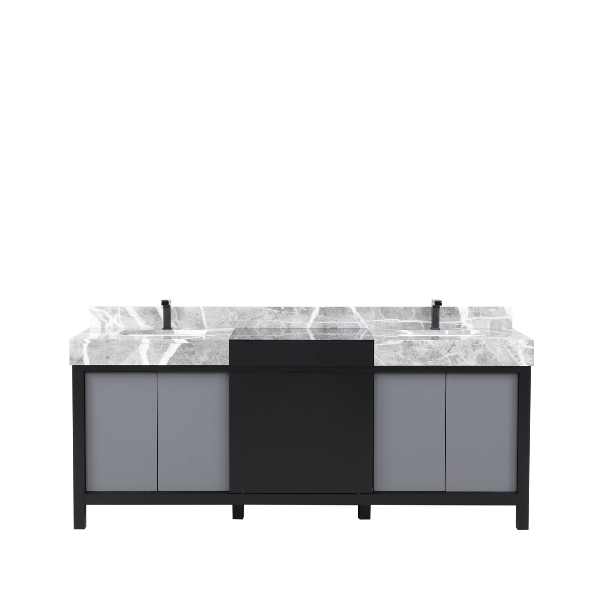 Lexora Zilara 80" Black and Grey Double Vanity, Castle Grey Marble Tops, White Square Sinks, and Balzani Gun Metal Faucet Set - LZ342280DLISFBG - MyBBQDirect