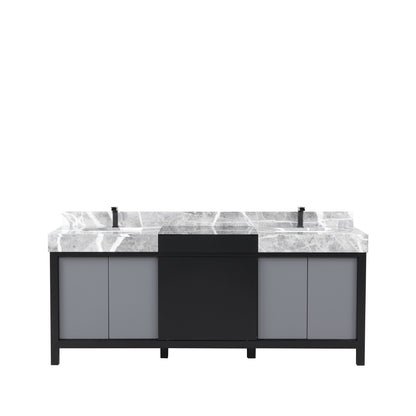 Lexora Zilara 80" Black and Grey Double Vanity, Castle Grey Marble Tops, White Square Sinks, and Balzani Gun Metal Faucet Set - LZ342280DLISFBG - MyBBQDirect