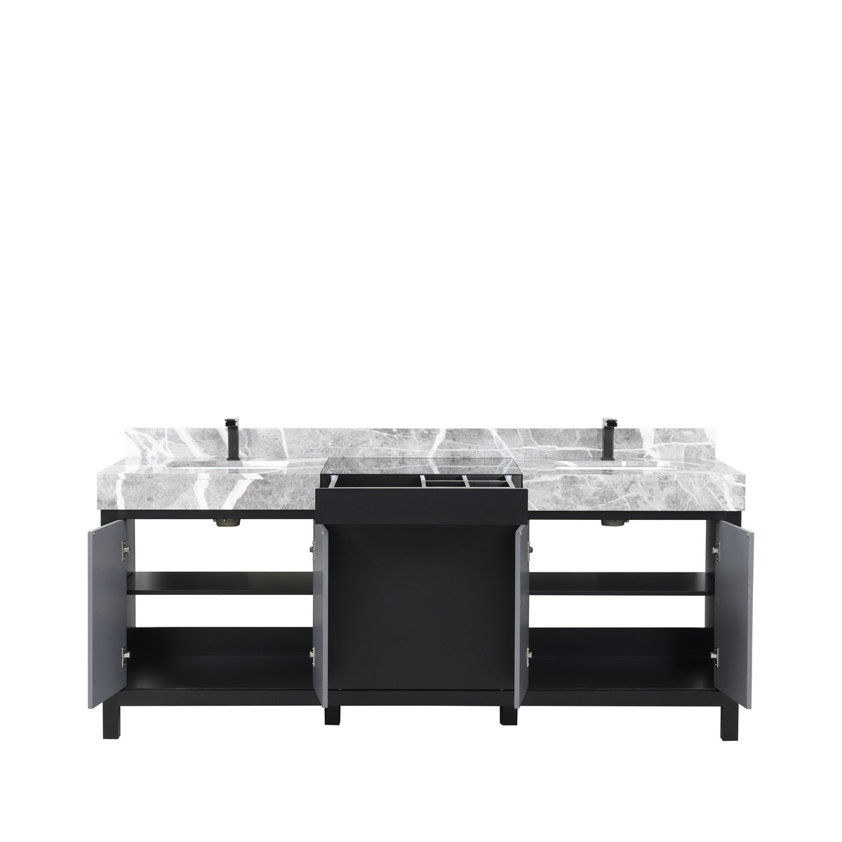 Lexora Zilara 80" Black and Grey Double Vanity, Castle Grey Marble Tops, White Square Sinks, and Balzani Gun Metal Faucet Set - LZ342280DLISFBG - MyBBQDirect