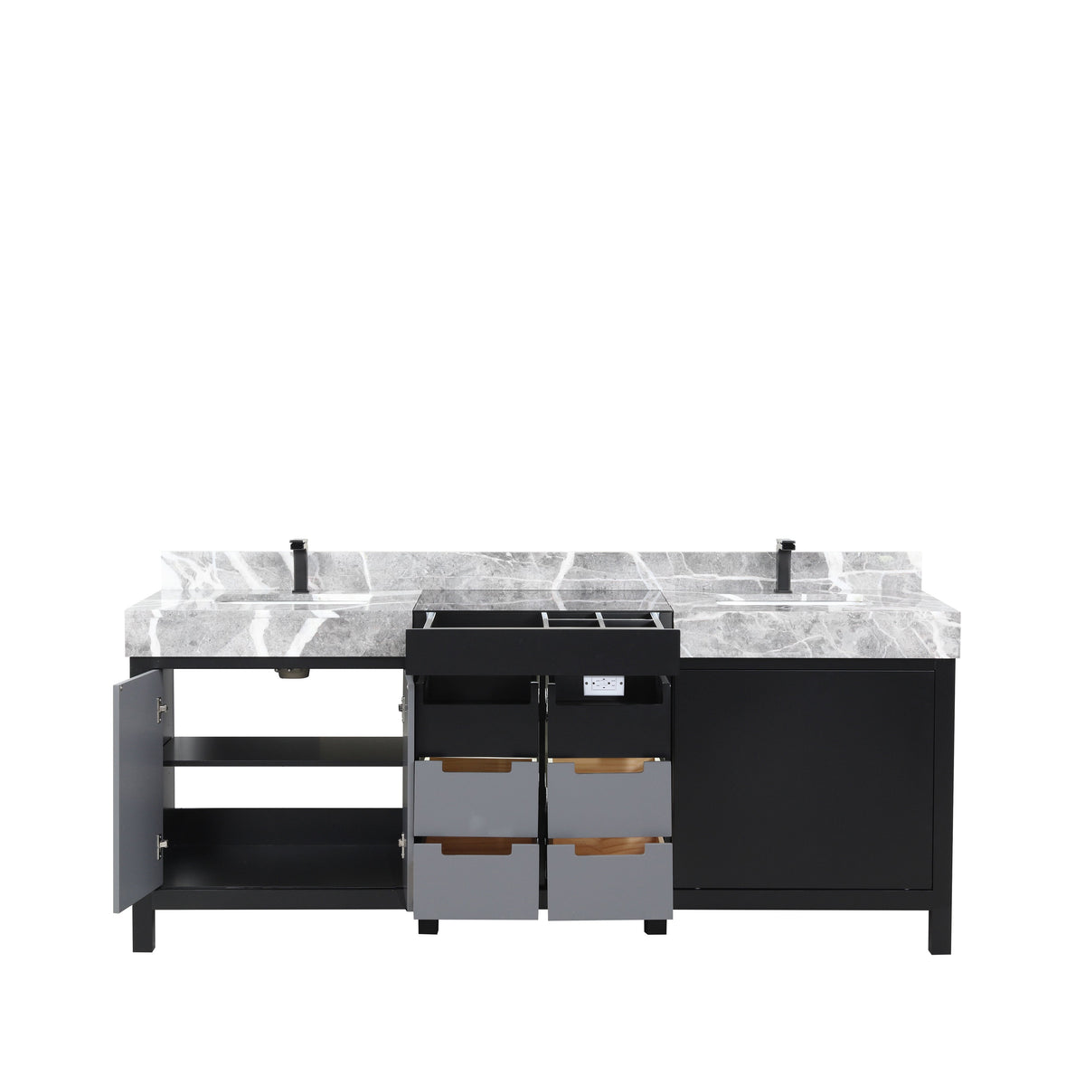 Lexora Zilara 80" Black and Grey Double Vanity, Castle Grey Marble Tops, White Square Sinks, and Balzani Gun Metal Faucet Set - LZ342280DLISFBG - MyBBQDirect