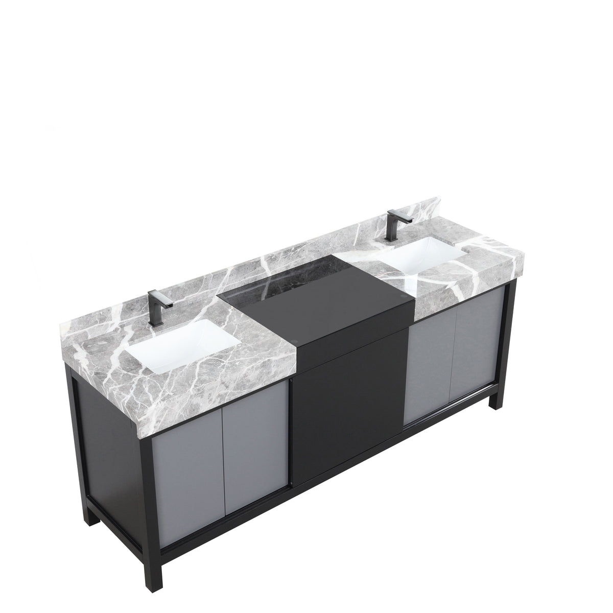 Lexora Zilara 80" Black and Grey Double Vanity, Castle Grey Marble Tops, White Square Sinks, and Balzani Gun Metal Faucet Set - LZ342280DLISFBG - MyBBQDirect
