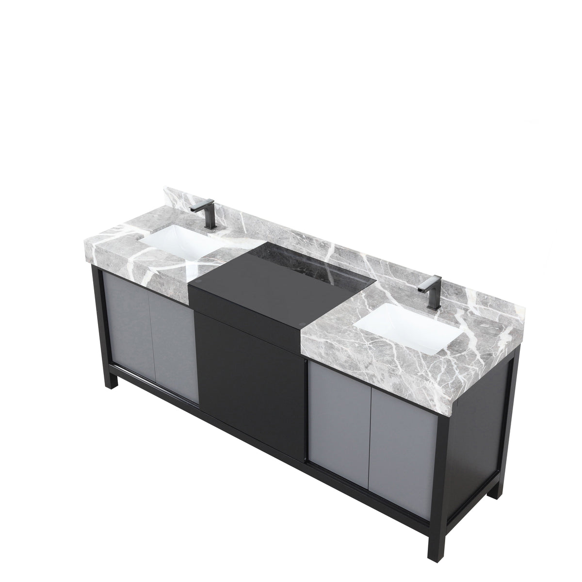 Lexora Zilara 80" Black and Grey Double Vanity, Castle Grey Marble Tops, White Square Sinks, and Balzani Gun Metal Faucet Set - LZ342280DLISFBG - MyBBQDirect