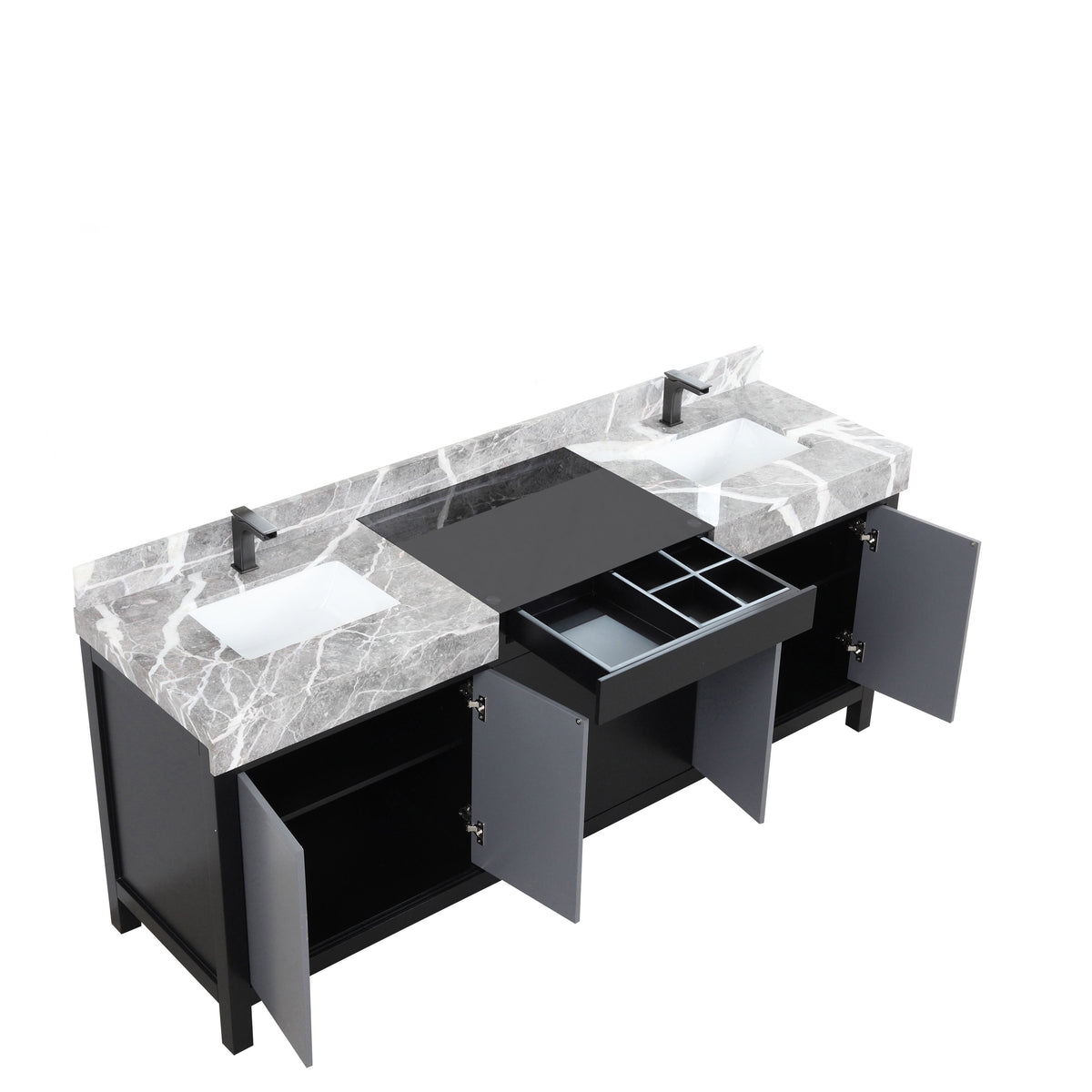 Lexora Zilara 80" Black and Grey Double Vanity, Castle Grey Marble Tops, White Square Sinks, and Balzani Gun Metal Faucet Set - LZ342280DLISFBG - MyBBQDirect