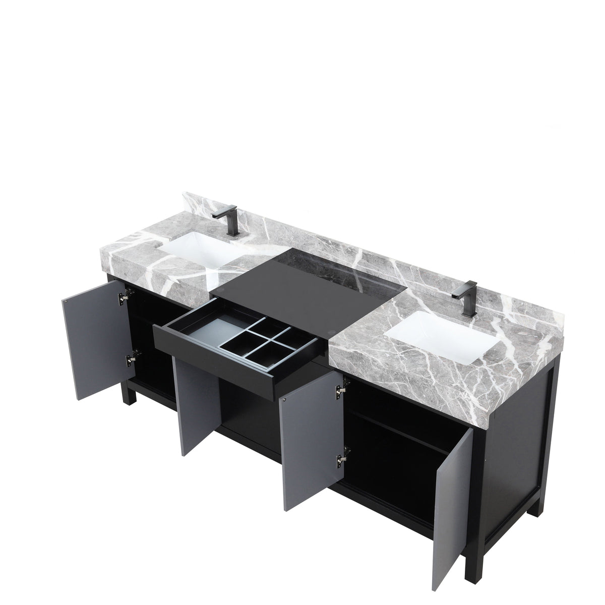 Lexora Zilara 80" Black and Grey Double Vanity, Castle Grey Marble Tops, White Square Sinks, and Balzani Gun Metal Faucet Set - LZ342280DLISFBG - MyBBQDirect