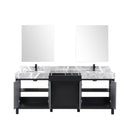 Lexora Zilara 80" Black and Grey Double Vanity, Castle Grey Marble Tops, White Square Sinks, Balzani Gun Metal Faucet Set, and 30" Frameless Mirrors- LZ342280DLISM30FBG