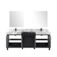 Lexora Zilara 80" Black and Grey Double Vanity, Castle Grey Marble Tops, White Square Sinks, Balzani Gun Metal Faucet Set, and 30" Frameless Mirrors- LZ342280DLISM30FBG