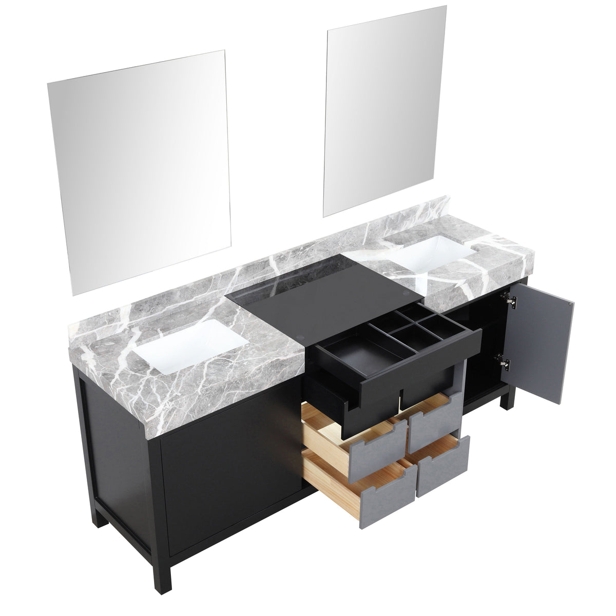 Lexora Zilara 80" Black and Grey Double Vanity, Castle Grey Marble Tops, White Square Sinks, and 30" Frameless Mirrors - LZ342280DLISM30 - MyBBQDirect