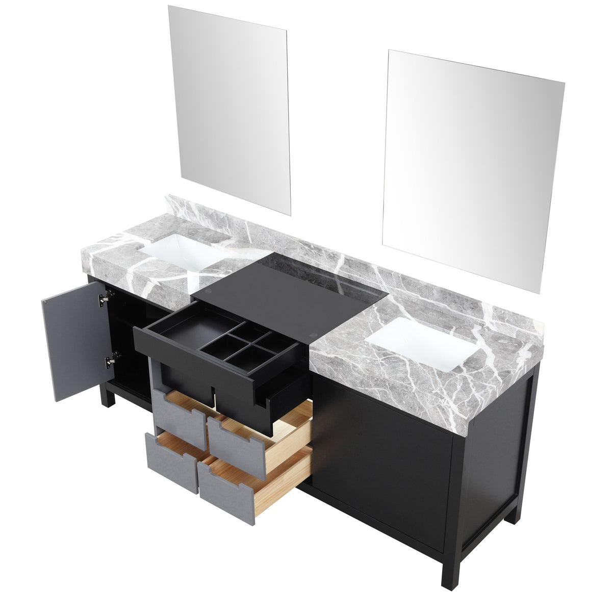 Lexora Zilara 80" Black and Grey Double Vanity, Castle Grey Marble Tops, White Square Sinks, and 30" Frameless Mirrors - LZ342280DLISM30 - MyBBQDirect