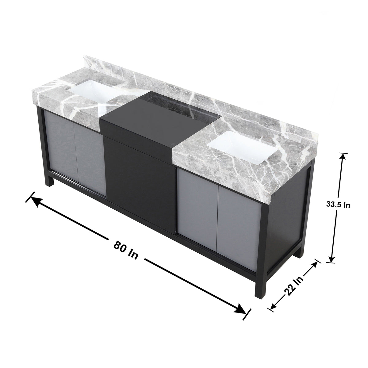 Lexora Zilara 80" Black and Grey Double Vanity, Castle Grey Marble Tops, White Square Sinks, and 30" Frameless Mirrors - LZ342280DLISM30 - MyBBQDirect