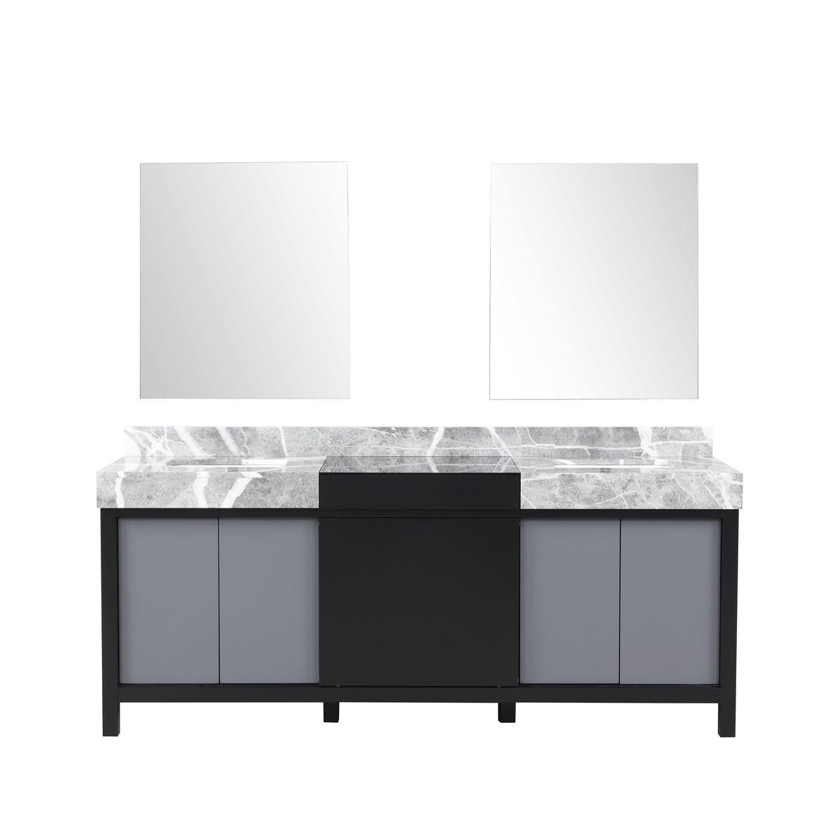 Lexora Zilara 80" Black and Grey Double Vanity, Castle Grey Marble Tops, White Square Sinks, and 30" Frameless Mirrors - LZ342280DLISM30 - MyBBQDirect