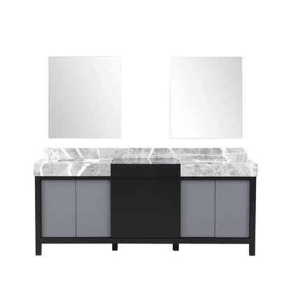 Lexora Zilara 80" Black and Grey Double Vanity, Castle Grey Marble Tops, White Square Sinks, and 30" Frameless Mirrors - LZ342280DLISM30 - MyBBQDirect
