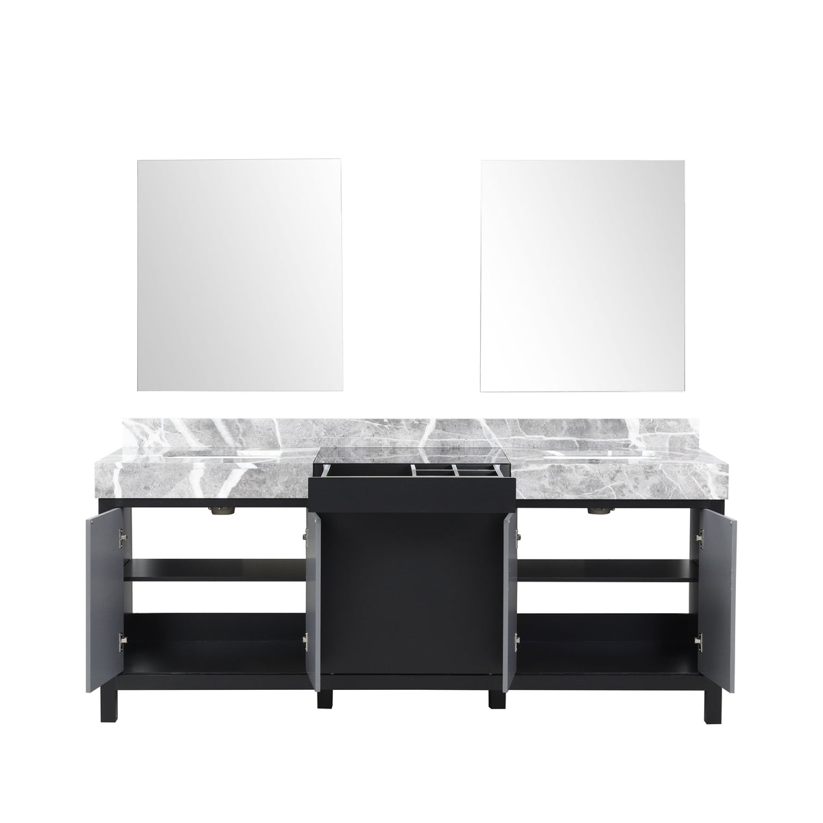 Lexora Zilara 80" Black and Grey Double Vanity, Castle Grey Marble Tops, White Square Sinks, and 30" Frameless Mirrors - LZ342280DLISM30 - MyBBQDirect