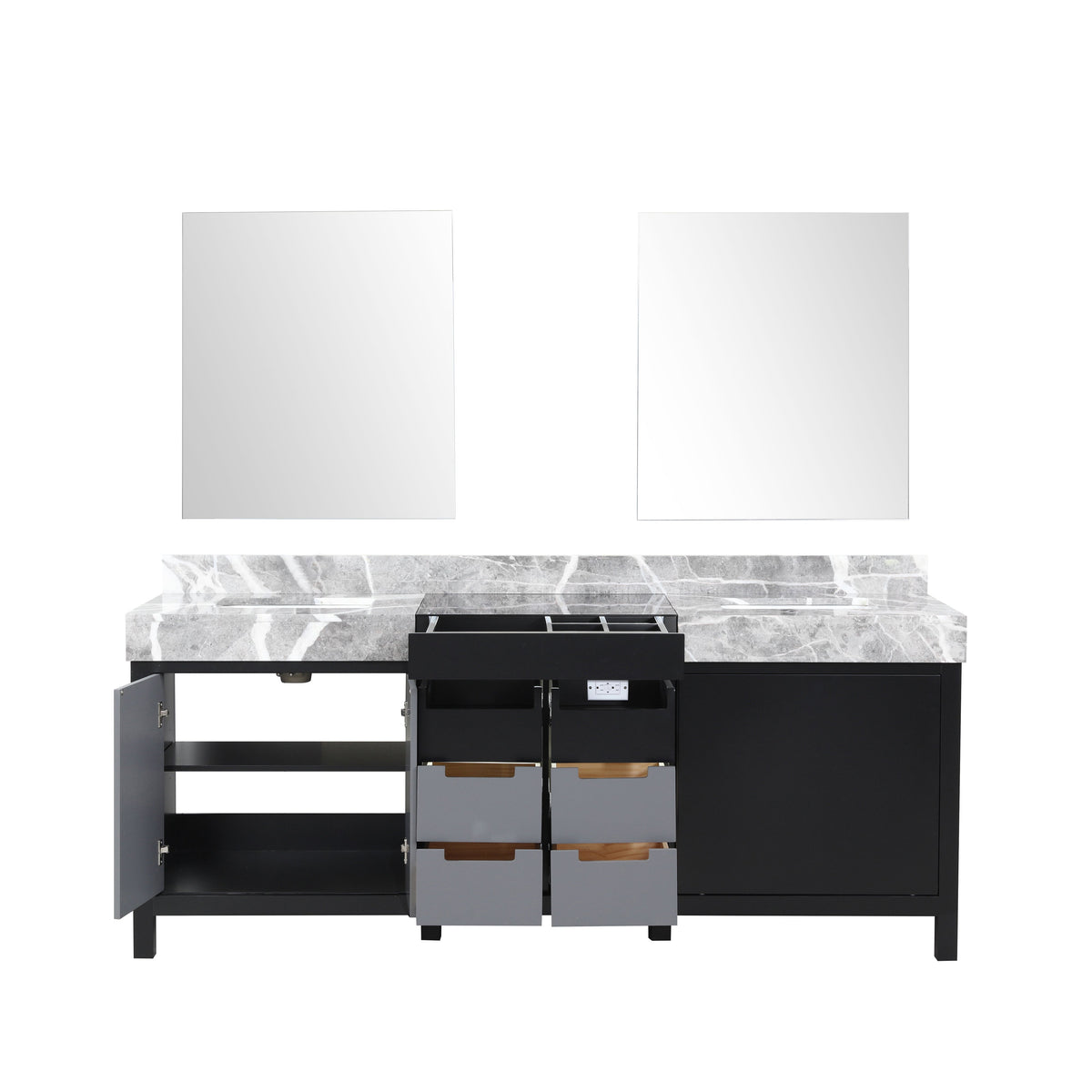 Lexora Zilara 80" Black and Grey Double Vanity, Castle Grey Marble Tops, White Square Sinks, and 30" Frameless Mirrors - LZ342280DLISM30 - MyBBQDirect