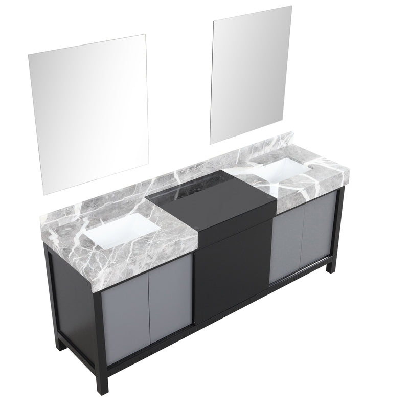 Lexora Zilara 80" Black and Grey Double Vanity, Castle Grey Marble Tops, White Square Sinks, and 30" Frameless Mirrors - LZ342280DLISM30