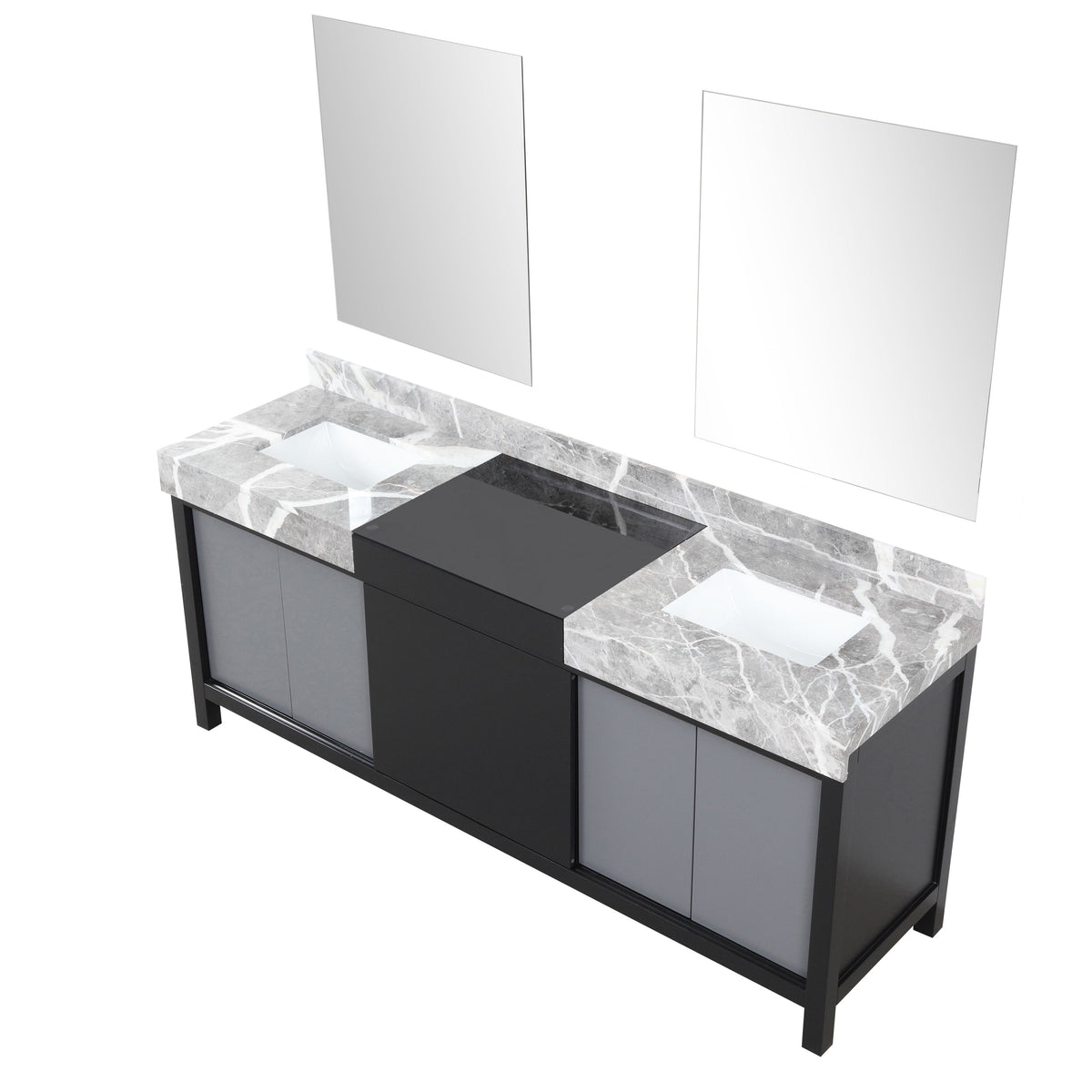 Lexora Zilara 80" Black and Grey Double Vanity, Castle Grey Marble Tops, White Square Sinks, and 30" Frameless Mirrors - LZ342280DLISM30 - MyBBQDirect