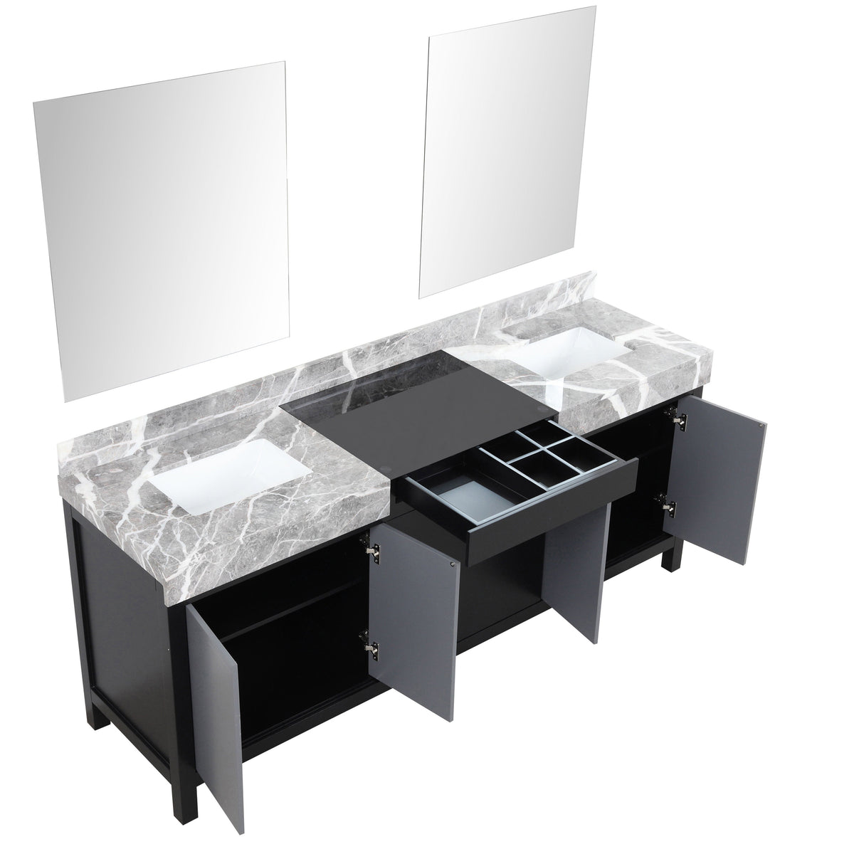 Lexora Zilara 80" Black and Grey Double Vanity, Castle Grey Marble Tops, White Square Sinks, and 30" Frameless Mirrors - LZ342280DLISM30 - MyBBQDirect