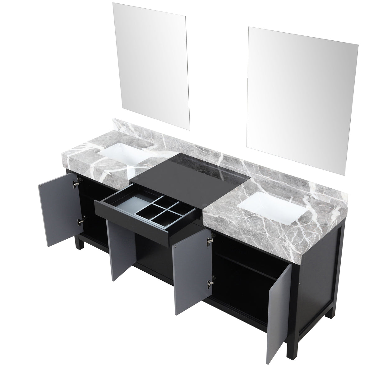 Lexora Zilara 80" Black and Grey Double Vanity, Castle Grey Marble Tops, White Square Sinks, and 30" Frameless Mirrors - LZ342280DLISM30 - MyBBQDirect