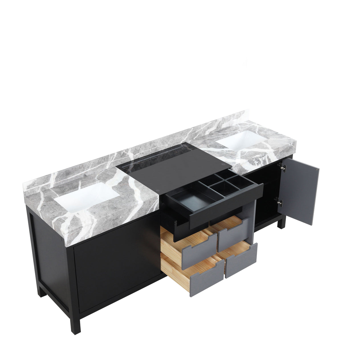 Lexora Zilara 84" Black and Grey Double Vanity, Castle Grey Marble Tops, and White Square Sinks - LZ342284DLIS000 - MyBBQDirect