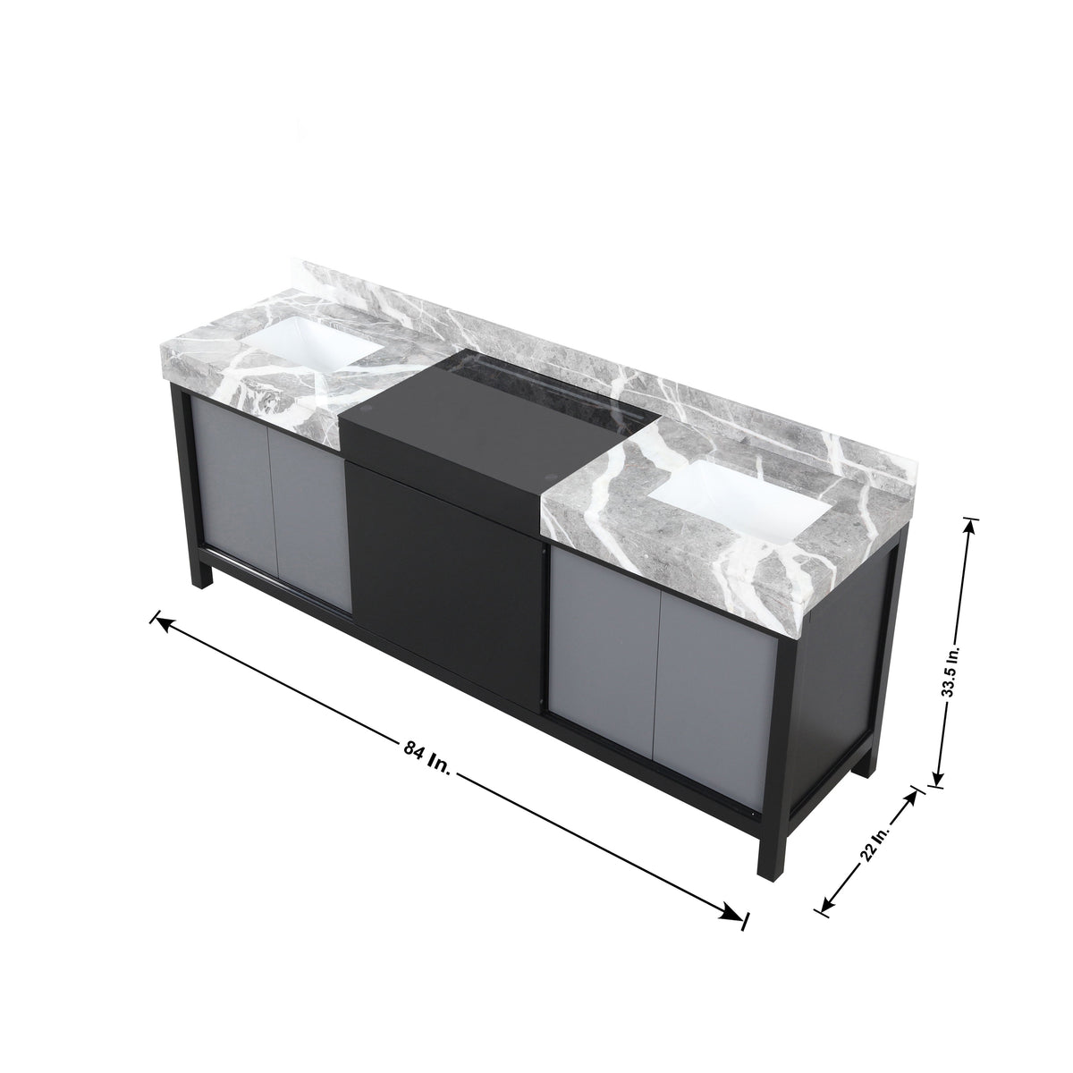 Lexora Zilara 84" Black and Grey Double Vanity, Castle Grey Marble Tops, and White Square Sinks - LZ342284DLIS000 - MyBBQDirect
