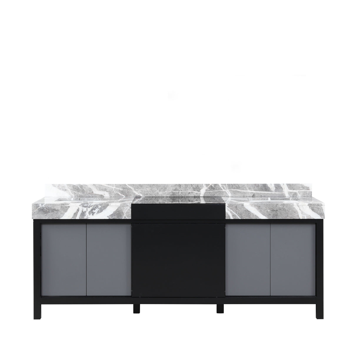 Lexora Zilara 84" Black and Grey Double Vanity, Castle Grey Marble Tops, and White Square Sinks - LZ342284DLIS000 - MyBBQDirect
