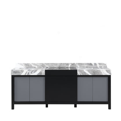 Lexora Zilara 84" Black and Grey Double Vanity, Castle Grey Marble Tops, and White Square Sinks - LZ342284DLIS000 - MyBBQDirect