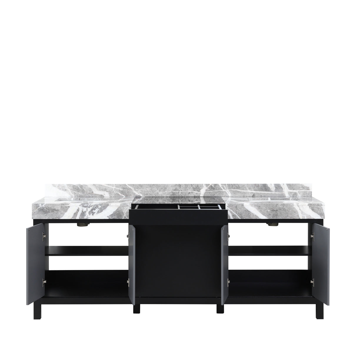 Lexora Zilara 84" Black and Grey Double Vanity, Castle Grey Marble Tops, and White Square Sinks - LZ342284DLIS000 - MyBBQDirect