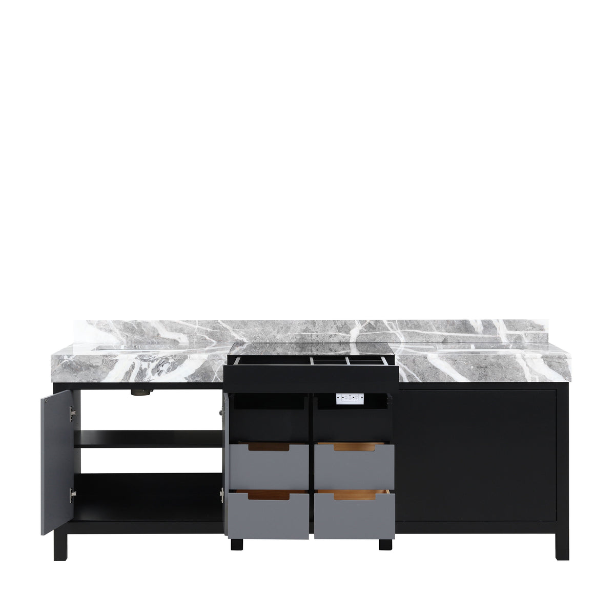 Lexora Zilara 84" Black and Grey Double Vanity, Castle Grey Marble Tops, and White Square Sinks - LZ342284DLIS000 - MyBBQDirect