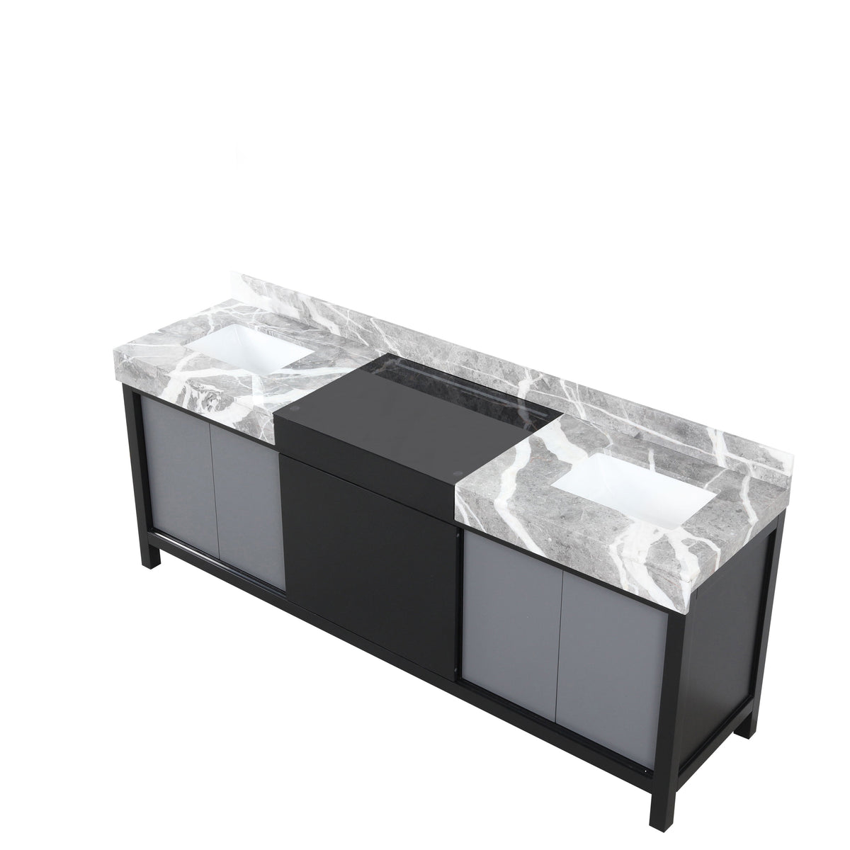 Lexora Zilara 84" Black and Grey Double Vanity, Castle Grey Marble Tops, and White Square Sinks - LZ342284DLIS000 - MyBBQDirect