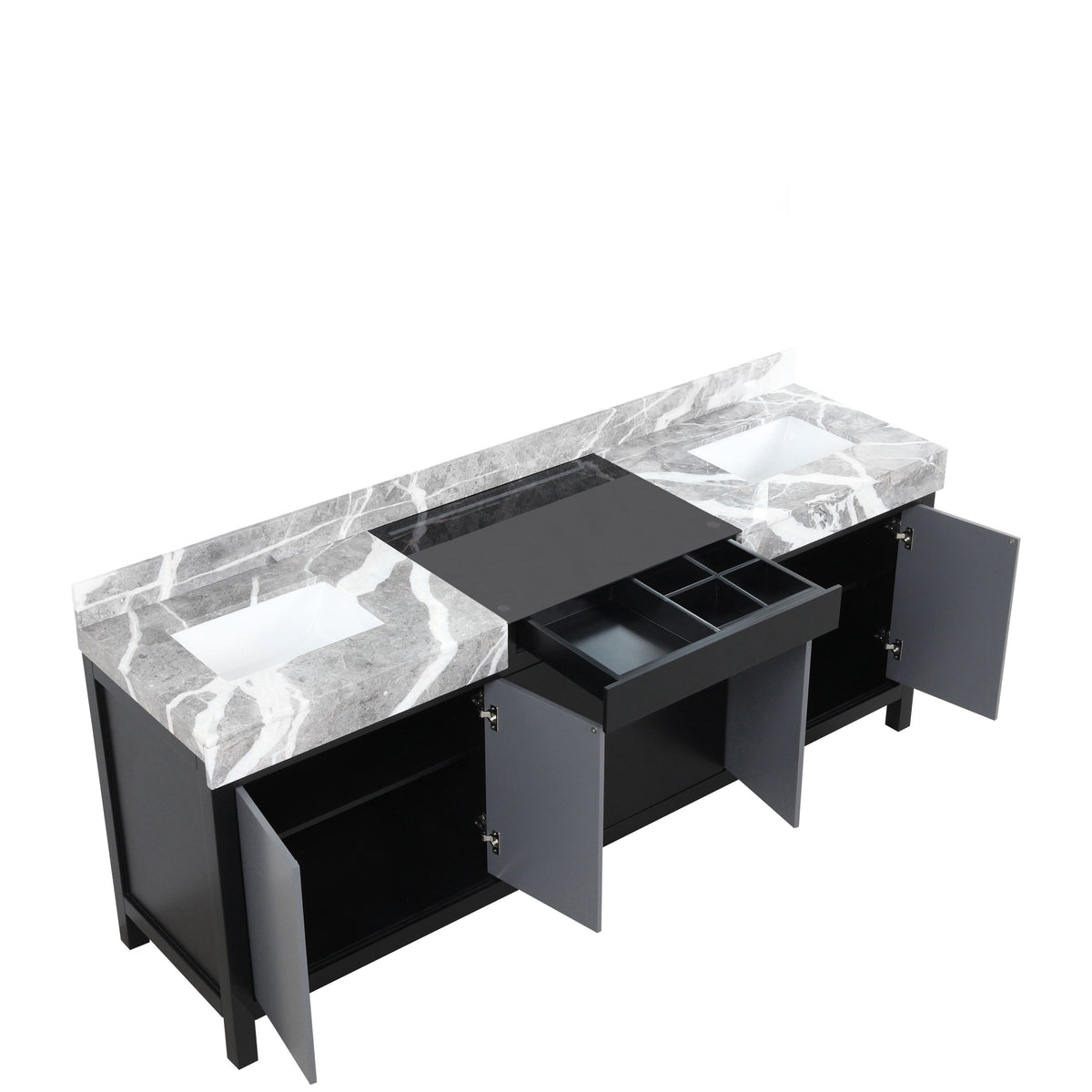 Lexora Zilara 84" Black and Grey Double Vanity, Castle Grey Marble Tops, and White Square Sinks - LZ342284DLIS000 - MyBBQDirect