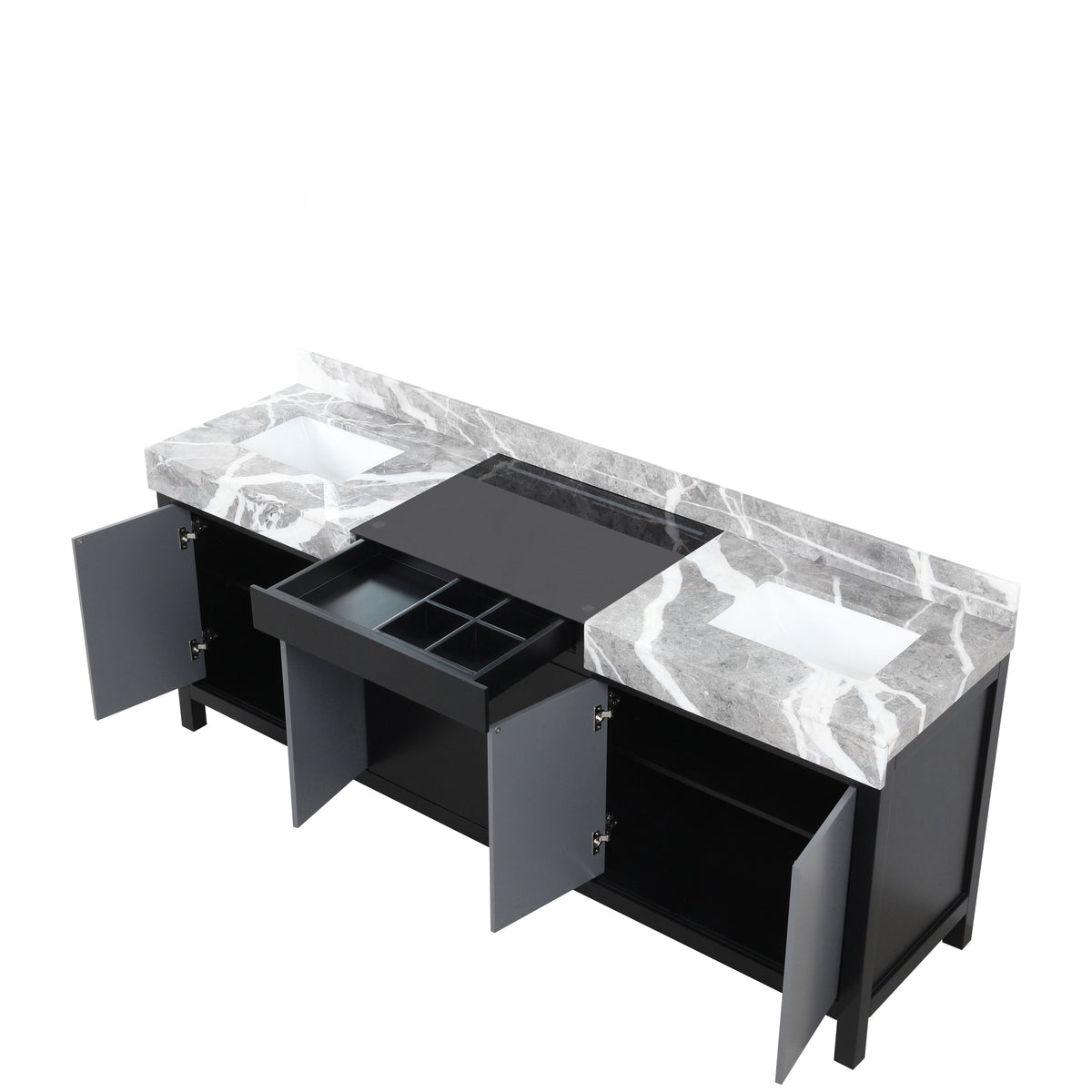 Lexora Zilara 84" Black and Grey Double Vanity, Castle Grey Marble Tops, and White Square Sinks - LZ342284DLIS000 - MyBBQDirect