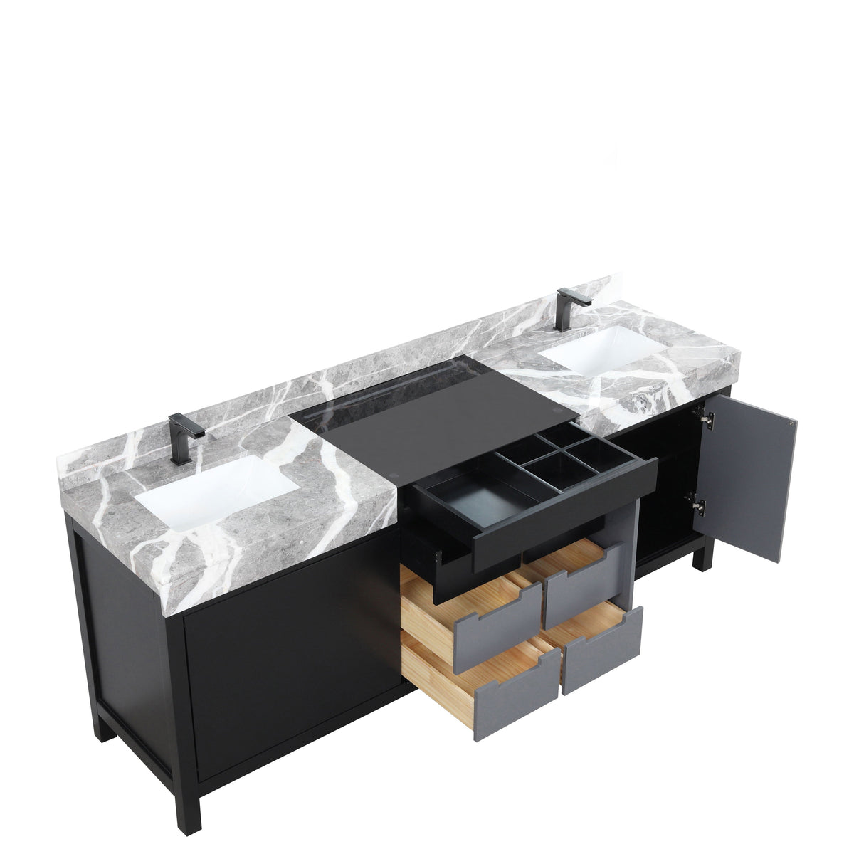 Lexora Zilara 84" Black and Grey Double Vanity, Castle Grey Marble Tops, White Square Sinks, and Balzani Gun Metal Faucet Set - LZ342284DLISFBG - MyBBQDirect