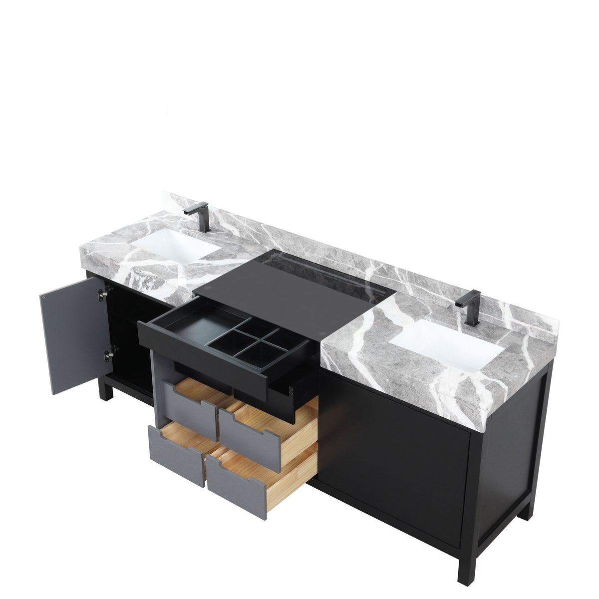 Lexora Zilara 84" Black and Grey Double Vanity, Castle Grey Marble Tops, White Square Sinks, and Balzani Gun Metal Faucet Set - LZ342284DLISFBG - MyBBQDirect