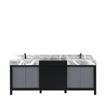 Lexora Zilara 84" Black and Grey Double Vanity, Castle Grey Marble Tops, White Square Sinks, and Balzani Gun Metal Faucet Set - LZ342284DLISFBG - MyBBQDirect