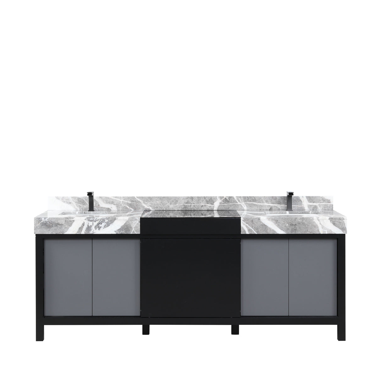 Lexora Zilara 84" Black and Grey Double Vanity, Castle Grey Marble Tops, White Square Sinks, and Balzani Gun Metal Faucet Set - LZ342284DLISFBG - MyBBQDirect