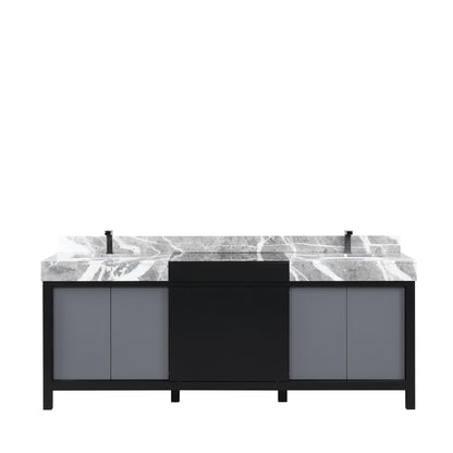 Lexora Zilara 84" Black and Grey Double Vanity, Castle Grey Marble Tops, White Square Sinks, and Balzani Gun Metal Faucet Set - LZ342284DLISFBG - MyBBQDirect