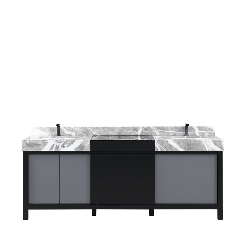 Lexora Zilara 84" Black and Grey Double Vanity, Castle Grey Marble Tops, White Square Sinks, and Balzani Gun Metal Faucet Set - LZ342284DLISFBG