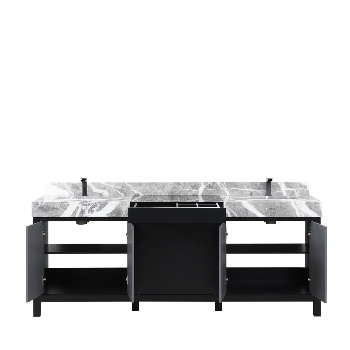 Lexora Zilara 84" Black and Grey Double Vanity, Castle Grey Marble Tops, White Square Sinks, and Balzani Gun Metal Faucet Set - LZ342284DLISFBG - MyBBQDirect