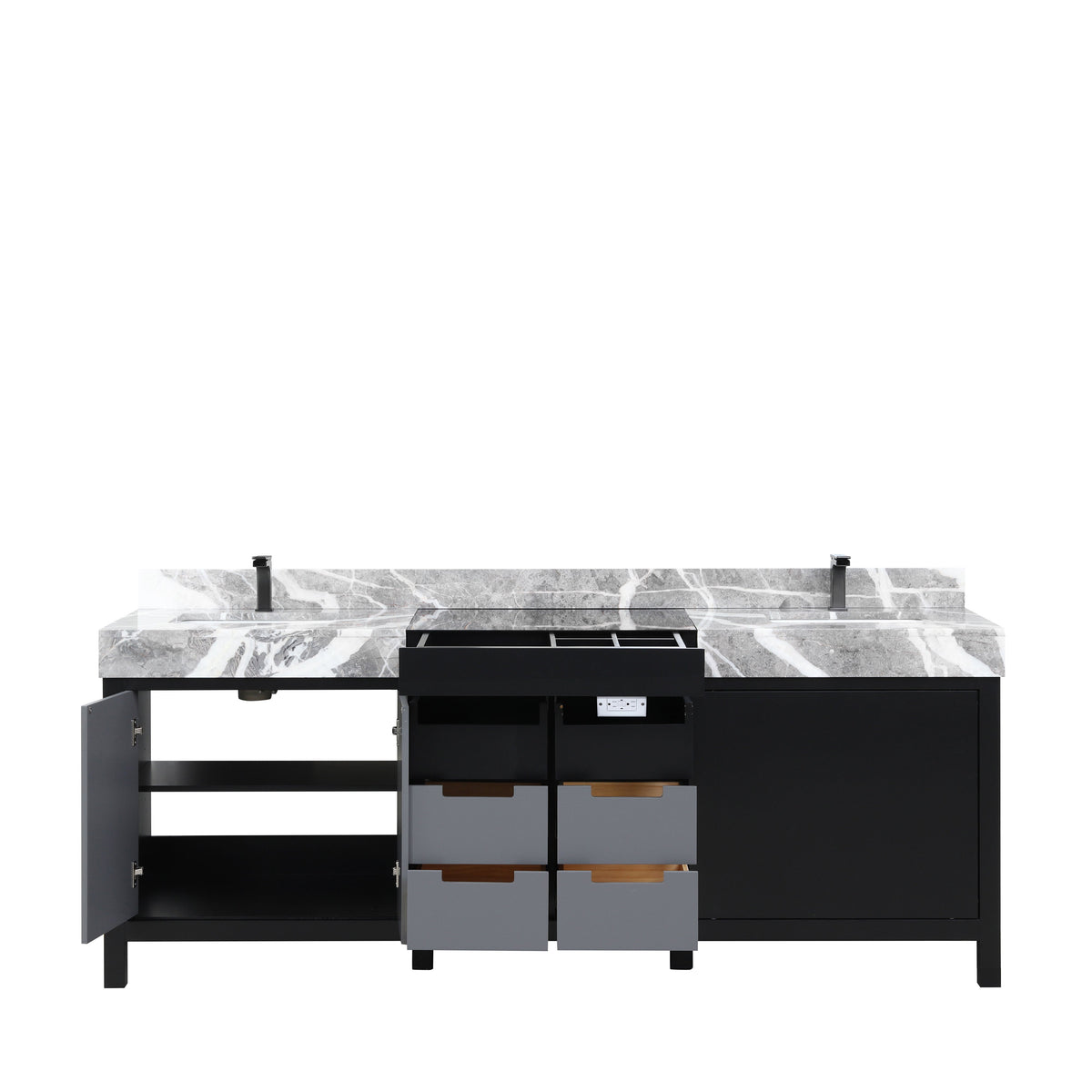 Lexora Zilara 84" Black and Grey Double Vanity, Castle Grey Marble Tops, White Square Sinks, and Balzani Gun Metal Faucet Set - LZ342284DLISFBG - MyBBQDirect