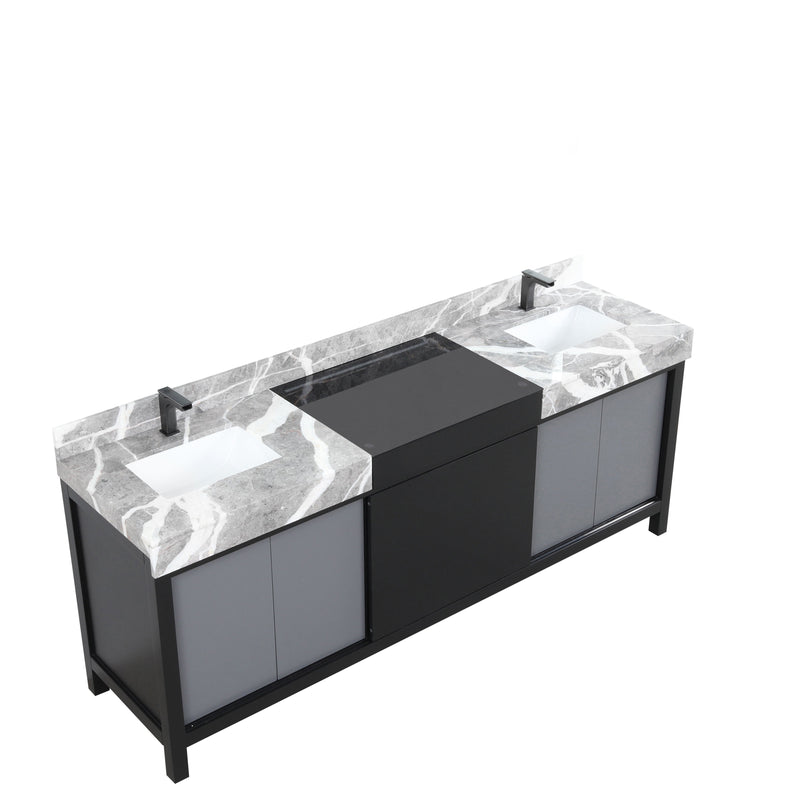 Lexora Zilara 84" Black and Grey Double Vanity, Castle Grey Marble Tops, White Square Sinks, and Balzani Gun Metal Faucet Set - LZ342284DLISFBG