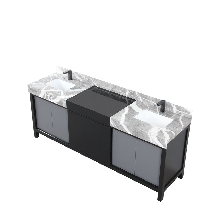 Lexora Zilara 84" Black and Grey Double Vanity, Castle Grey Marble Tops, White Square Sinks, and Balzani Gun Metal Faucet Set - LZ342284DLISFBG