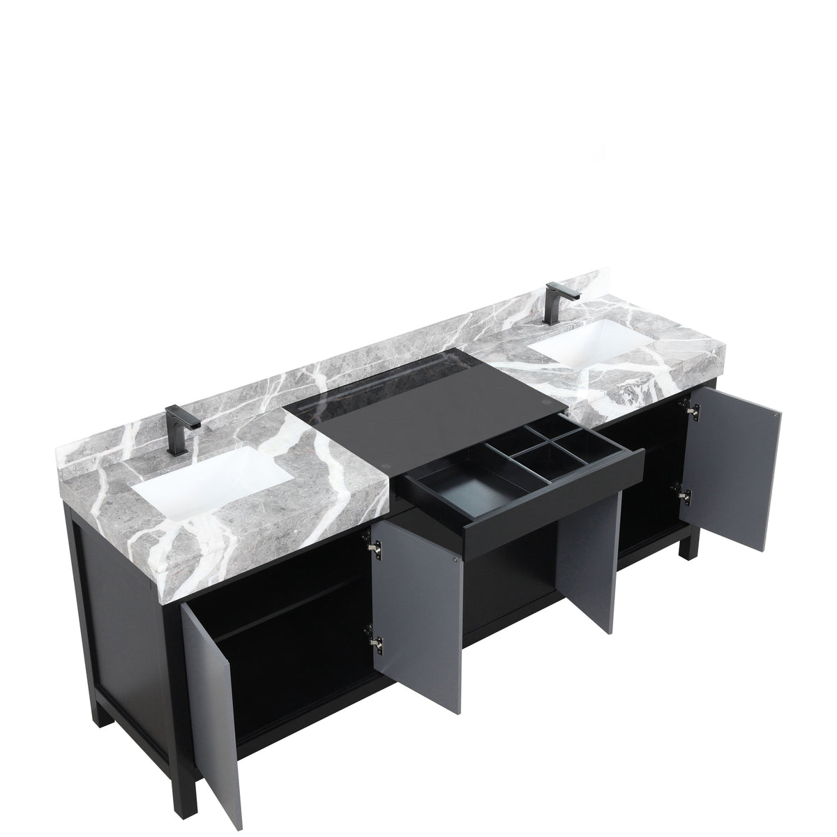 Lexora Zilara 84" Black and Grey Double Vanity, Castle Grey Marble Tops, White Square Sinks, and Balzani Gun Metal Faucet Set - LZ342284DLISFBG - MyBBQDirect