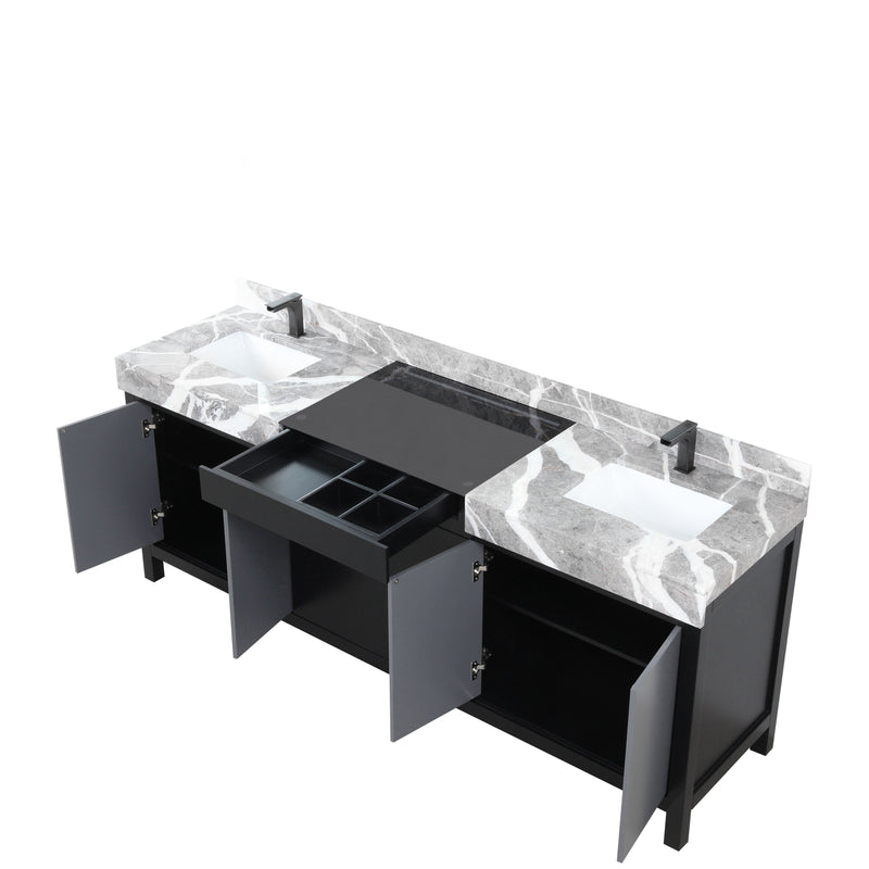 Lexora Zilara 84" Black and Grey Double Vanity, Castle Grey Marble Tops, White Square Sinks, and Balzani Gun Metal Faucet Set - LZ342284DLISFBG